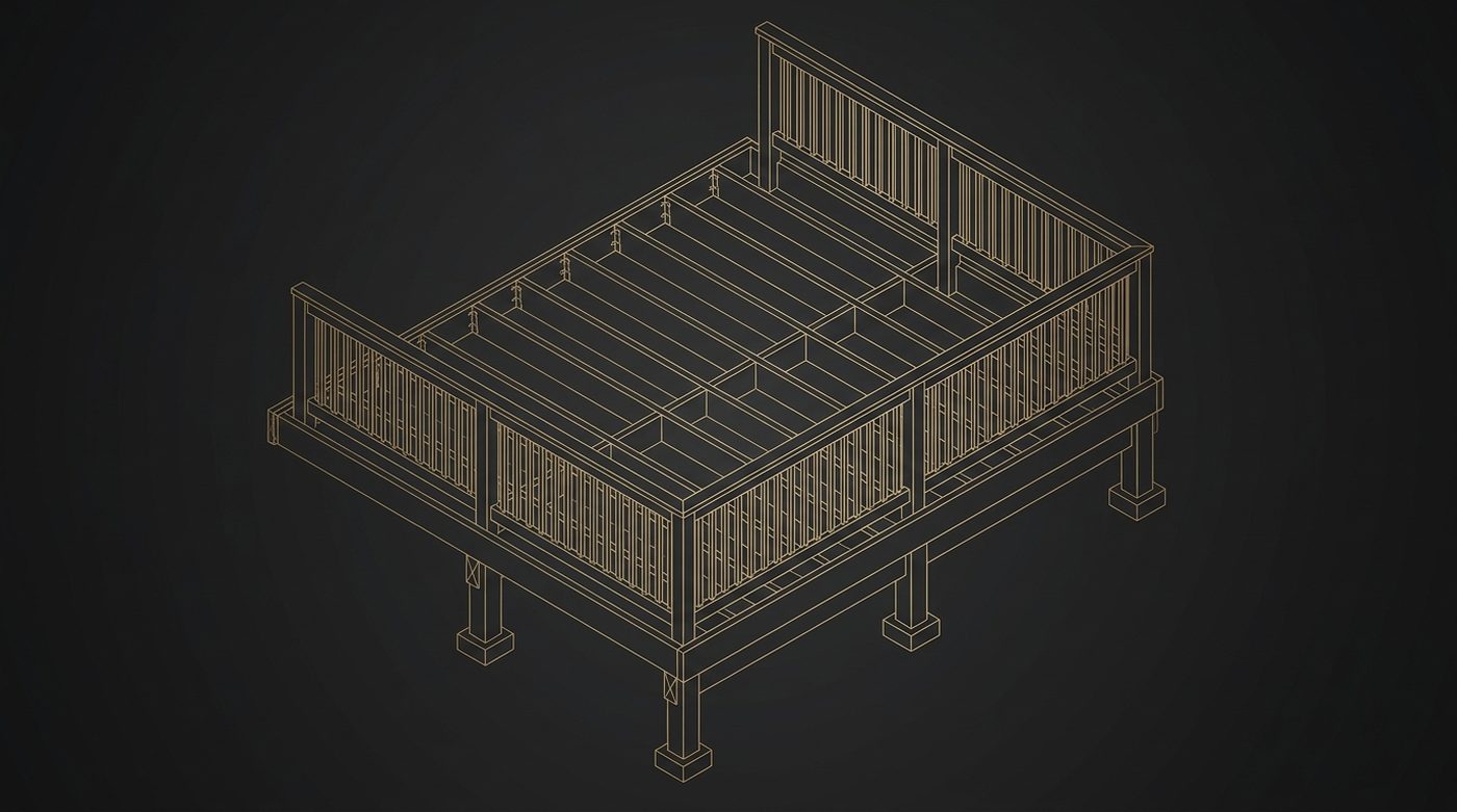 Gold blueprint-style isometric illustration of porch deck framing