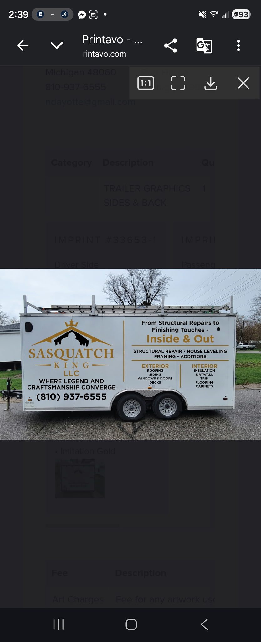 Sasquatch King LLC work trailer with full service list